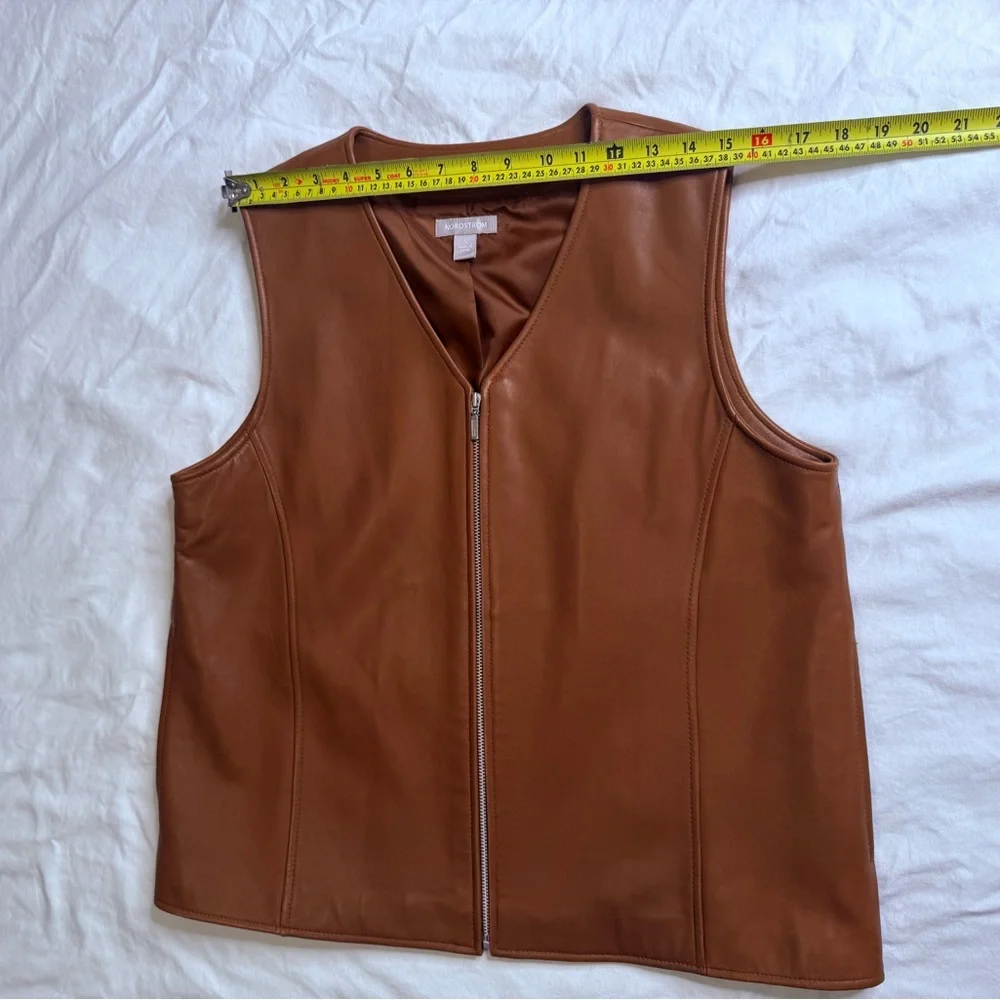 Nordstrom Genuine Lambskin Leather Zip Vest Brown Tan Lined Minimalist Y2K Large - Picture 9 of 10